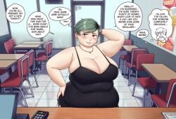 1boy 1girls belly belly_button belly_expansion better_with_salt chibi chubby chubby_face chubby_female cleavage fast_food_restaurant green_hair large_breasts looking_at_viewer orange_eyes restaurant talking_to_viewer text text_bubble thought_bubble viewer_perspective viewer_pov