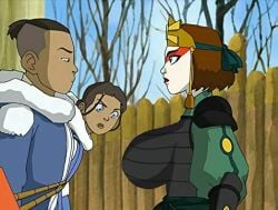 1boy 2girls avatar_legends avatar_the_last_airbender blue_eyes breasts brown_hair earth_kingdom facepaint female human katara kyoshi_warrior male multiple_girls nonbender screencap screenshot screenshot_edit sokka suki tied_hair tied_up warpaint water_tribe