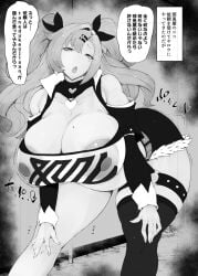 areola_slip areolae bare_shoulders bent_over blush bracelets breasts fur-trimmed_shorts hair_ornament huge_breasts japanese_text kurotama large_areolae long_hair monochrome navel nicole_demara nipple_bulge open_mouth plump sweat text thick_thighs thighhighs translation_request venus_body wide_hips zenless_zone_zero