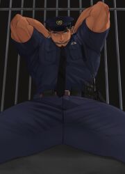 1boy abs armpit_hair bara biceps big_muscles black_tie cop cop_hat daddy dilf domination facial_hair gay gay_domination goatee handcuffed handcuffs hat human human_only icebanon legs_apart legs_open legs_spread looking_at_viewer male male_only muscles muscular muscular_male open_legs police police_hat police_officer police_uniform policeman restrained solo solo_male spread_legs taped_mouth thick thick_eyebrows thick_thighs tie tied_up