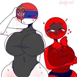 2girls albania_(countryhumans) amogus among_us among_us_reference arm_under_breasts big_breasts big_thighs blushing countryhumans countryhumans_girl eye_closed eye_patch holding_head huge_breasts kak0yt0_chel serbia_(countryhumans) swimsuit tagme
