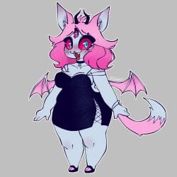 3_eyes black_dress blue_fur choker chubby clothing curvy demon emberlynn_pinkle emberlynn_pinkle_(demon_form) fangs female furry helluva_boss humanoid little_black_dress multi_eye neckwear pentagram pink_hair shortstack smile sosapop tail triclops umbramus wings