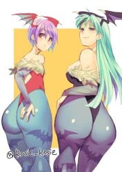 2girls ass ass_focus ass_grab big_ass blue_eyes bottom_heavy darkstalkers flat_chest green_hair large_ass leotard lilith_aensland morrigan_aensland purple_hair red_eyes rosie_rosie sisters small_breasts succubi succubus