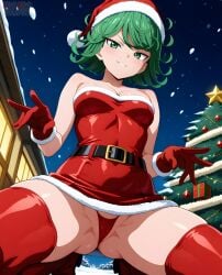 ai_generated bare_thighs christmas eroero_waifus green_eyes green_hair huge_thighs large_breasts light-skinned_female light_skin looking_down low-angle_view one-punch_man panties pussy_visible_through_panties santa_costume santa_hat short_hair shortstack smiling solo_female squatting sweat sweatdrop tatsumaki thick_body thick_female thick_thighs thighs voluptuous voluptuous_female