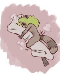 absurd_res anthro caramellow6 female green_hair grinding hair hi_res hug hugging_object hugging_pillow humping mammal masturbation pillow pillow_humping procyonid raccoon solo