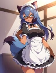 ai_generated blush brand_new_animal looking_at_viewer maid_headdress maid_outfit michiru_kagemori open-mouth_smile raccoon_girl two_tone_hair