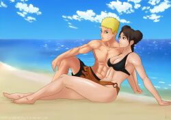 1boy 1girls amenoosa arm_support barefoot beach bikini blonde_hair braid breasts brown_eyes cleavage couple cuddling curvaceous curvy curvy_female curvy_figure double_bun female looking_at_another male male/female muscular muscular_male naruto naruto:_the_last naruto_(series) naruto_shippuden ocean outdoors ponytail relaxing romantic romantic_couple sand seaside shirtless shirtless_male short_hair shorts sitting smile straight swept_bangs swimsuit tenten thighs tied_hair toned toned_male twin_buns uzumaki_naruto water whisker_markings whiskers