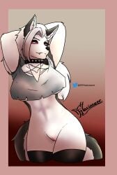 anthro armpits arms_behind_head bottomless breasts canid canid_demon canine collar demon elmasiosare female fur furry furry_only helluva_boss loona_(helluva_boss) mammal mammal_humanoid partially_clothed presenting pussy red_sclera tail yiff