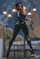 1girls 2022 3d bodysuit clothed clothing depth_of_field earrings female female_only gs3d hat hoop_earrings latex long_hair looking_at_viewer pinup platform_heels presenting presenting_hindquarters red_hair reflective_clothing slushe_(website) solo solo_female standing