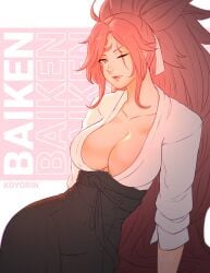 1girls baiken big_breasts cleavage closed_eye clothing female female_only guilty_gear guilty_gear_strive koyorin light-skinned_female red_hair solo underboob