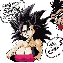 2girls black_eyes black_hair breasts caulifla clothed clothing dragon_ball dragon_ball_super english english_text kale light-skinned_female light_skin multiple_girls pseudocel text