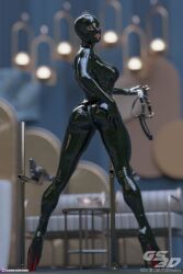 1girls 2022 3d bodysuit clothed clothing depth_of_field female female_only gs3d latex looking_at_viewer pinup platform_heels presenting presenting_hindquarters reflective_clothing slushe_(website) solo solo_female standing tagme