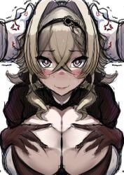 1boy 1girls anger_vein blush boob_window braid breasts brown_gloves brown_jacket cleavage gloves grabbing_own_breast gray_eyes green_hair hand_on_head headwear honkai_impact_3rd large_breasts medium_hair smile steampunk sweat tomodachi_(tomofanart) vill-v white_gloves white_shirt