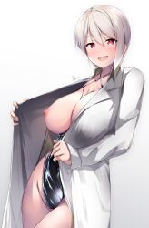 bangs blush bondage bondage bound breasts coat commentary_request dermar gradient gradient_background grey_hair hair_between_eyes highres labcoat large_breasts leotard leotard_under_clothes long_hair looking_at_viewer nakiri_alice nipples open_clothes open_coat open_mouth red_eyes shokugeki_no_souma short_hair signature simple_background smile standing