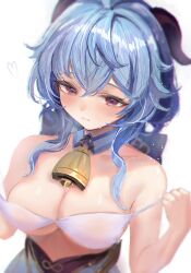 1girls absurdres bell bikini bikini_top_only blue_hair blush breasts cleavage cowbell detached_collar female female_only ganyu_(genshin_impact) genshin_impact goat_horns hair_between_eyes highres horns large_breasts long_hair purple_eyes solo strap_pull super_munico sweat swimsuit underboob undressing upper_body white_background white_bikini