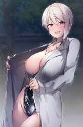 bangs blurry blurry_background blush bondage bound breasts coat commentary_request dermar female grey_hair hair_between_eyes highres labcoat large_breasts leotard leotard_under_clothes long_hair looking_at_viewer nakiri_alice night nipples open_clothes open_coat open_mouth outdoors red_eyes shokugeki_no_souma short_hair signature smile standing tree white_shirt