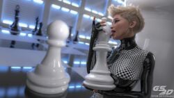 1girls 2021 3d asymmetrical_clothes bishop_(chess) blonde_hair checkered checkered_clothing checkered_shirt chess clothed clothing depth_of_field dutch_angle earrings female female_only french_nails gold_earrings gs3d hoop_earrings indoors large_breasts latex licking pawn_(chess) pinup short_hair slushe_(website) solo solo_female standing