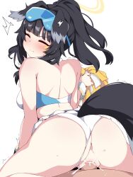 1boy animal_ears ass back black_hair blue_archive blush breasts censored clothed_sex clothing_aside cowgirl_position crop_top cum cum_in_pussy cum_in_pussy cum_inside dog_ears dog_girl dog_tail eyewear_on_head female from_behind halo hibiki_(blue_archive) hibiki_(cheerleader)_(blue_archive) highres kumasteam long_hair looking_at_viewer looking_back midriff mosaic_censoring panties panties_aside penis pussy sex skirt solo_focus spread_legs straddling straight tail underwear vaginal_penetration