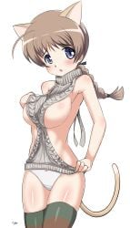 animal_ears blue_eyes blush breasts brown_hair cameltoe cat_ears cat_tail female large_breasts looking_at_viewer lynette_bishop open_mouth panties ponytail shiny shiny_hair sideboob simple_background solo standing stockings strike_witches striped striped_legwear sweater tail thighhighs underwear white_background white_panties world_witches_series