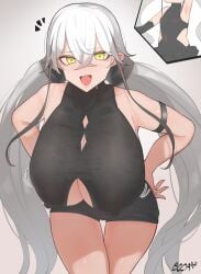 1girls bare_shoulders blush boca breasts cameltoe cleavage_cutout clothing_cutout collarbone cosplay covered_nipples destroyer_(girls'_frontline) gaia_(girls'_frontline) girls'_frontline green_eyes grey_hair hands_on_hips highres huge_breasts leaning_forward long_hair low_twintails open_mouth sangvis_ferri smile thigh_gap twintails very_long_hair