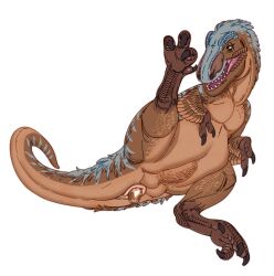 1girls animal_genitalia avian-king brown_body claws cloaca dinosaur egg egg_laying feathered_dinosaur feathers female female_only feral genitals grin hi_res legs_up lying naked nude on_side pubic_boot raised_leg reptile scalie smile solo solo_female theropod theroyalfowl tyrannosaurid