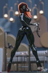 1girls 2022 3d bodysuit clothed clothing depth_of_field earrings female female_only gs3d hoop_earrings latex long_hair looking_at_viewer pinup platform_heels presenting presenting_hindquarters red_hair reflective_clothing slushe_(website) solo solo_female standing tagme