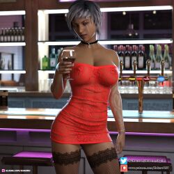 1girls 2020 3d alcohol bar bracelet choker clothed clothing dark-skinned_female dark_skin depth_of_field dress female female_only gray_hair grey_hair indoors kokoro3dx kokoro_(artist) kokoro_(kokoro3dx) large_breasts looking_at_viewer markings no_bra orange_eyes original original_character red_dress see-through see-through_clothing see-through_dress short_hair slushe_(website) solo solo_female standing wine_glass