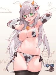 1girls :d animal_ears animal_print animated arms_behind_head ass_visible_through_thighs bangs bell bikini black_legwear breasts cameltoe cow_ears cow_horns cow_print cow_tail cowboy_shot detached_collar elbow_gloves female female_only glasses gloves green_eyes groin hololive hololive_fantasy hololive_japan horns large_breasts long_hair micro_bikini navel neck_bell no_sound open_mouth pom_pom_(clothes) ribbon shirogane_noel shorter_than_10_seconds shorter_than_30_seconds side-tie_bikini silver_hair skindentation smile solo strap_gap swimsuit tail tail_ornament tail_ribbon teeth thighhighs ugoira upper_teeth very_long_hair video virtual_youtuber waterring