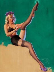 1940s 1948 1girls 20th_century 40s blonde_hair blush bra breasts brown_&_bigelow cleavage female female_only hair_ribbon high_heels leg_up lingerie lipstick looking_up painting_(artwork) pinup pinup_girl sitting solo stockings straight_hair thighhighs thighs traditional_media_(artwork) vintage zoe_mozert