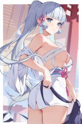 ass bangs blue_eyes blue_hair blush chest_sarashi chest_wraps eyebrows_visible_through_hair female female_only genshin_impact hair_ornament hair_ribbon half-dressed hi_res high_ponytail houk1se1 houkiboshi_(mmjw7432) kamisato_ayaka long_hair looking_at_viewer looking_back medium_breasts nipple_slip nipples nipples_covered no_bra ponytail sideboob sidelocks skirt solo solo_female thick_thighs underboob undressing waist_belt wrapped wraps