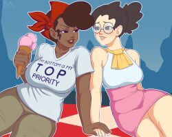 2girls bandana bare_shoulders big_breasts blouse blush brown_eyes curly_hair dark-skinned_female dark_skin glasses holding_hands ice_cream implied_yuri light-skinned_female light_skin molly_(skullgirls) pants piercing round_glasses roxie_(skullgirls) shirt skirt skullgirls souladdicted text_on_clothing yuri