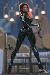 1girls 2022 3d bodysuit clothed clothing depth_of_field earrings female female_only gs3d hoop_earrings latex long_hair looking_at_viewer pinup platform_heels presenting presenting_hindquarters red_hair reflective_clothing slushe_(website) solo solo_female standing