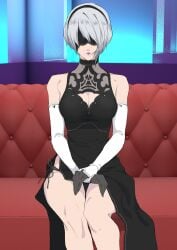 1girls android bare_shoulders blindfold cleavage couch cuffs_(clothing) dress hair_band hands_on_legs legs_together lipstick long_gloves nier:_automata nier_(series) panties plump_lips poppenhaimu sitting white_hair yorha_2b