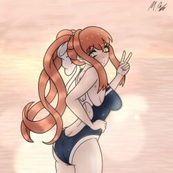 bow doki_doki_literature_club female female_only hairbow hairbow long_hair long_hair_female moldybagelhere monika_(doki_doki_literature_club) one-piece_swimsuit swimsuit white_bow white_hair_bow