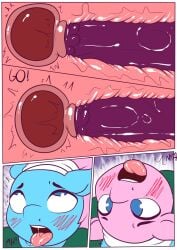 3girls ahe_gao aloe_(mlp) anthro bilateral_penetration blue_hair blush comic diphallia diphallism double_penetration english_text eyes_rolling_back furry futanari horsecock horsecock_futanari lotus_blossom multi_penis my_little_pony original_character penis pink_hair speech_bubble spunkubus threesome tongue_out x-ray