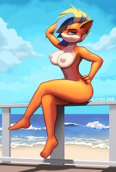 activision anthro barefoot beach blonde_hair blue_hair breasts crash_(series) crossed_legs feet female fur hair hand_on_hip hands_behind_head hi_res looking_at_viewer navel nipples nude orange_body orange_fur pirate_tawna pose posing sea short_hair sitting smile smirk solo spookyokami summer tawna_bandicoot tawna_bandicoot_(crash_4) two_tone_hair video_games water