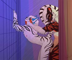 anal anal_sex animated anthro duo felid genitals hand_on_head male male/male mammal pantherine penetration penile penile_penetration penis penis_in_ass satisfied sex shower shower_sex tiger tiger_stripes youraugust