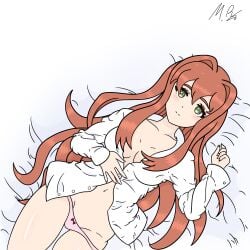 bed_hair bow_panties brown_hair collarbone covered_nipples covering_breasts cute_expression doki_doki_literature_club female female_focus female_only green_eyes happy_female hi_res looking_at_viewer medium_breasts moldybagelhere monika_(doki_doki_literature_club) on_bed panties partially_clothed pink_panties shiny_skin smiling smiling_at_viewer