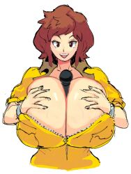 1girls april_o'neil april_o'neil_(tmnt_1987) belt big_breasts breasts breasts_bigger_than_head brown_hair cleavage clothed clothing dreaminerryday electronics fapolantern female female_only huge_breasts human jumpsuit large_breasts light-skinned_female light_skin looking_at_viewer microphone object_between_breasts outerwear pale_skin short_hair simple_background smile solo solo_female teenage_mutant_ninja_turtles top_heavy wristwear