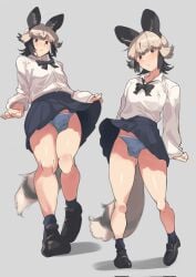 1boy african_wild_dog_(kemono_friends) bulge femboy girly iparuputsua kemono_friends looking_at_viewer male male_only panties shirt simple_background skirt solo tagme trap