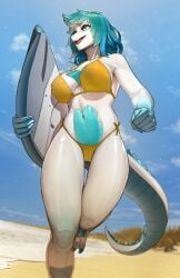 anthro beach big_breasts bikini biped blue_eyes blurred_background breasts butt_from_the_front camel_toe clothed clothing colored crocodilian digital_media_(artwork) dutch_angle female front_view genital_outline hair happy hi_res holding_object holding_surfboard janjin192 looking_away low-angle_view multicolored_body navel open_mouth open_smile outside portrait pussy_outline reptile running scalie seaside smile solo swimwear teal_hair thigh_gap three-quarter_portrait tongue