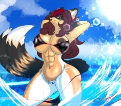 abs absurd_res anthro armpits axelwolf bikini canid canine clothed clothing curvy_figure female fox hair hi_res light light_beam long_hair makeup mammal nipple_slip partially_clothed pinup pose presenting sea solo summer sun sunbeam sunlight swimwear underwear underwear_down water wide_hips