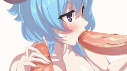 animated blowjob blue_eyes blush fellatio female female_focus ganyu_(genshin_impact) genshin_impact handjob high_resolution multiple_penises nude open_mouth purple_eyes short_hair sweat theobrobine threesome uncensored unseen_male_face