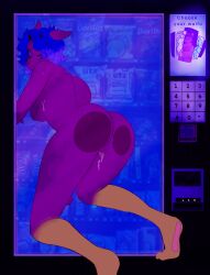 absurd_res against_surface anonymous_artist anthro ass ass_on_glass bea_takatomi blue_hair bodily_fluids breasts canid canid_demon cum demon english_text female genital_fluids glass hair hellhound hi_res horn keypad leaking_cum looking_at_viewer mammal money_slot on_glass pink_soles smile snacks solo text unknown_artist vending_machine