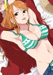 1girls arms_up bed big_breasts bikini bracelet breasts chiya_op cleavage curvy ear_piercing earrings female female_only jeans monkey_d_luffy_(cosplay) nami on_back one_piece open_pants open_shirt orange_hair pants_undone post-timeskip red_shirt seductive solo straw_hat suggestive tongue tongue_out unbuttoned unbuttoned_pants unzipped unzipped_pants wide_hips