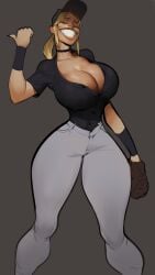 1girls baseball_cap baseball_glove baseball_uniform big_teeth blonde_hair busty choker cleavage clothed clothing curvaceous curvy female female_focus female_only grin huge_breasts jeans meme original saigalisk smile smiling smug teeth thick_thighs thin_waist voluptuous wide_hips