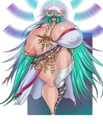 1girls absurd_res aomokoka barbell_piercing cape cyan_hair eyebrows_visible_through_hair eyeliner eyes_visible_through_hair fangs goddess green_hair halo highres huge_nipples hyper hyper_breasts hyper_thighs kid_icarus kid_icarus_uprising leg_bracelet leg_straps long_hair long_legs necklace nintendo nipple_bulge nipple_piercing palutena piercing_bulge ring_piercing sharp_teeth stocking thick_thighs very_long_hair walking_towards_viewer wide_hips