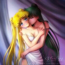 2girls bishoujo_senshi_sailor_moon blonde blonde_hair blue_eyes blush clothing dress duo eyebrows_visible_through_hair female female/female female_only green_hair kgfantasy long_hair medium_breasts princess_serenity setsuna_meiou small_breasts usagi_tsukino yellow_hair yuri