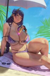 1girls 2022 beach bikini braided_hair breasts cleavage eu03 female female_only genshin_impact hips huge_breasts long_hair massive_breasts outdoors purple_bikini purple_hair raiden_shogun thick_thighs thighs wide_hips