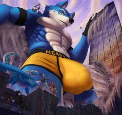 2022 absurd_res anthro balls_outline big_bulge bottomwear bulge canid canine canis city clothed clothing cloud destruction detailed_background dragon female fur genital_outline group hi_res larger_male looking_down looking_up macro male mammal micro muscular muscular_male penis_outline size_difference sky skyscraper smaller_anthro solo_focus thb886 topless topless_anthro topless_male underwear wolf yellow_bottomwear yellow_clothing yellow_underwear